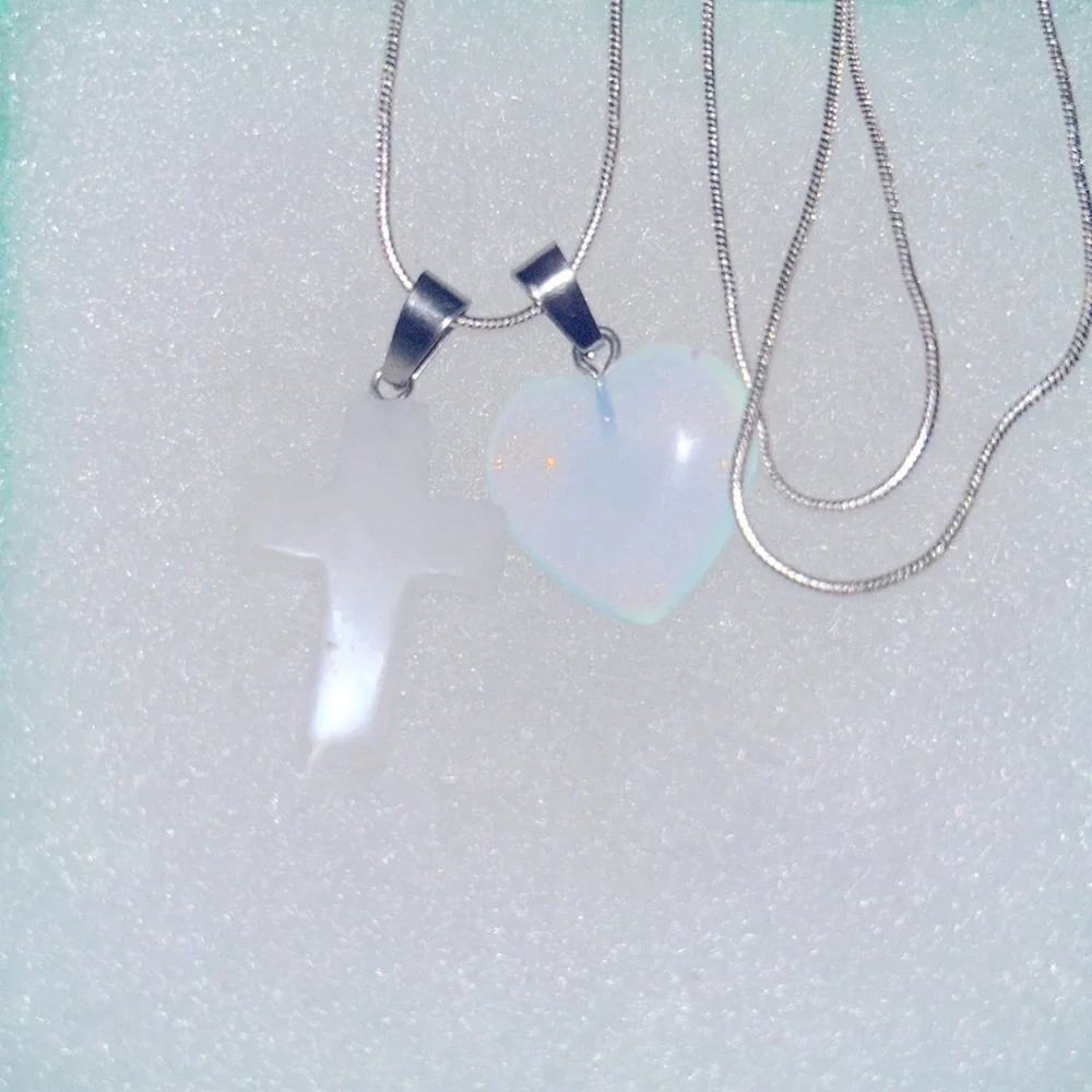 Boho hippie Quartz Crystal Cross and Opal heart Sterling Silver 16” Nec…